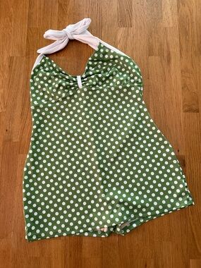 Pinup Couture 2X Green White Polka Dot One Piece Bathing Suit Retro Rockabilly